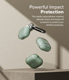 AirPods 5 / 4 Case | Air - Three translucent sage green AirPods 4 cases floating above a pedestal with a black carabiner.