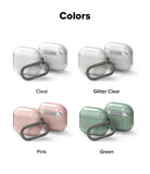AirPods 5 / 4 Case | Air - Four color options for AirPods 4 cases with carabiners: Clear, Glitter Clear, Pink, and Green.