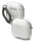 AirPods 5 / 4 Case | Air - Two clear, glittery protective cases for AirPods 4, one with a dark carabiner attached.