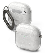 AirPods 5 / 4 Case | Air - Two clear, glittery protective cases for AirPods 4, one with a dark carabiner attached.