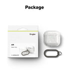 AirPods 5 / 4 Case | Air - Ringke glitter clear case for AirPods 4 with a dark gray carabiner, shown in packaging and loose.