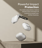 AirPods 5 / 4 Case | Air - Three clear, glittery AirPods 4 cases floating against a beige background with a black carabiner.