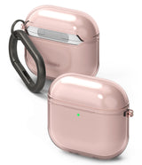 AirPods 5 / 4 Case | Air - Translucent pink protective case for AirPods 4 with a dark gray carabiner and visible green LED light.