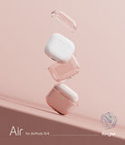 AirPods 5 / 4 Case | Air - Exploded view of a clear protective case floating around white AirPods 4 on a soft pink background.