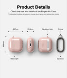 AirPods 5 / 4 Case | Air - Technical diagram showing dimensions and features of a pink AirPods 4 case with a carabiner.
