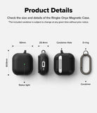 AirPods 5 / 4 Case | Onyx Magnetic - Technical diagram showing dimensions and features of the black protective case and carabiner.