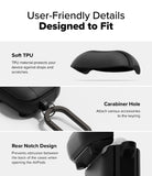 AirPods 5 / 4 Case | Onyx Magnetic - Infographic showing soft TPU material, carabiner hole, and rear notch design for the case.