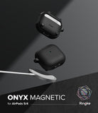 AirPods 5 / 4 Case | Onyx Magnetic - Two black matte AirPods 4 cases floating above a magnetic wireless charger on a dark background.
