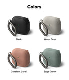 AirPods 5 / 4 Case | Onyx Magnetic - Four AirPods 4 cases with carabiners in black, warm gray, coral, and sage green color options.
