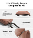 AirPods 5 / 4 Case | Onyx Magnetic - Infographic showing soft TPU material, carabiner hole, and rear notch design for AirPods 4.