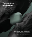 AirPods 5 / 4 Case | Onyx Magnetic - Matte green AirPods 4 case nestled between dark, rugged rock formations with a glowing status light.
