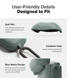 AirPods 5 / 4 Case | Onyx Magnetic - Infographic showing soft TPU, carabiner hole, and rear notch design features of the case.