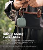 AirPods 5 / 4 Case | Onyx Magnetic - Sage green AirPods 4 case with a carabiner attached to a black handbag held by a person.