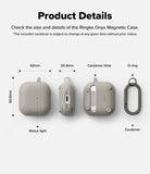 AirPods 5 / 4 Case | Onyx Magnetic - Technical diagram showing dimensions and features of the gray protective case and carabiner.