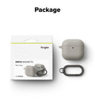AirPods 5 / 4 Case | Onyx Magnetic - Warm gray AirPods 4 case with a black carabiner next to its retail packaging box.