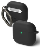 AirPods 5 / 4 Case | Silicone Case - AirPods 4 Case - Two black silicone cases for AirPods 4, one with a metal carabiner and one showing a glowing green light.