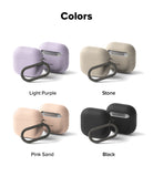AirPods 5 / 4 Case | Silicone Case - AirPods 4 Case - Four silicone cases with carabiners in light purple, stone, pink sand, and black color options.