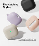 AirPods 5 / 4 Case | Silicone Case - AirPods 4 Case - Four colorful silicone AirPods 4 cases in black, purple, peach, and beige arranged on a white background.