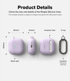 AirPods 5 / 4 Case | Silicone Case - AirPods 4 Case - Diagram showing dimensions, status light, carabiner hole, and included carabiner for a lavender silicone case.