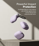 AirPods 5 / 4 Case | Silicone Case - AirPods 4 Case - Three lavender silicone AirPods 4 cases floating against a neutral background with a black carabiner.