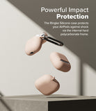 AirPods 5 / 4 Case | Silicone Case - AirPods 4 Case - Three light pink silicone AirPods 4 cases floating above a pedestal with a black carabiner attached.