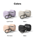 AirPods 5 / 4 Case | Silicone Case - AirPods 4 Case - Four silicone AirPods 4 cases in light purple, stone, pink sand, and black, each with a carabiner clip.