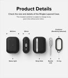 AirPods Pro 2 Case | Layered - Diagram showing dimensions and components of a black protective case with carabiner and link.