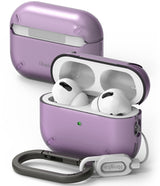 AirPods Pro 2 Case | Layered - Two purple protective cases for AirPods Pro 2, one open with earbuds inside and a carabiner.
