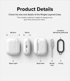 AirPods Pro 2 Case | Layered - Diagram showing dimensions and features of a white protective case with carabiner and strap.