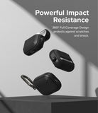 AirPods Pro 2 Case | Onyx - Three black protective cases floating above a pedestal with text highlighting impact resistance.