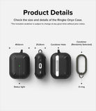 AirPods Pro 2 Case | Onyx - Technical diagram showing dimensions, status light, carabiner hole, and O-ring for the black case.