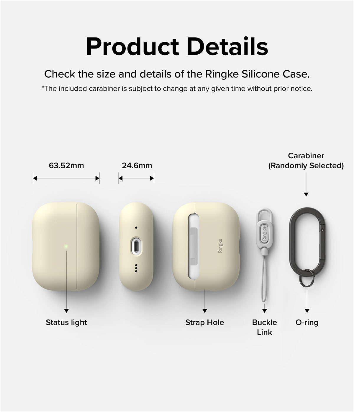 AirPods Pro 2 Case | Silicone - Diagram showing dimensions, status light, strap hole, buckle link, and carabiner for the case.