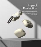 AirPods Pro 2 Case | Silicone - Three beige silicone cases floating against a gray wall with text about impact protection.