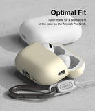 AirPods Pro 2 Case | Silicone - Beige silicone case on AirPods Pro 2 with a black carabiner and Ringke branded lanyard.