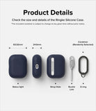 AirPods Pro 2 Case | Silicone - Technical diagram showing dimensions and components of a navy silicone case with accessories.