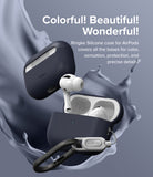 AirPods Pro 2 Case | Silicone - Navy blue silicone case for AirPods Pro 2 with a carabiner against a liquid splash background.