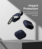 AirPods Pro 2 Case | Silicone - Three navy blue silicone cases floating above a pedestal with a carabiner attached.