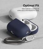 AirPods Pro 2 Case | Silicone - Navy silicone case on AirPods Pro 2 with a grey carabiner and text reading Optimal Fit.