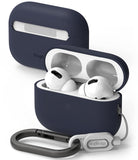 AirPods Pro 2 Case | Silicone - Navy blue silicone case for AirPods Pro 2 with white earbuds, carabiner, and lanyard.