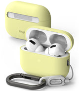 AirPods Pro 2 Case | Silicone - Pale yellow silicone case for AirPods Pro 2, shown open with earbuds and with a carabiner.