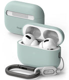 AirPods Pro 2 Case | Silicone - Sage green silicone case for AirPods Pro 2, shown open with earbuds and a carabiner.
