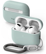 AirPods Pro 2 Case | Silicone - Sage green silicone case for AirPods Pro 2, shown open with earbuds and a carabiner.