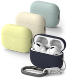 AirPods Pro 2 Case | Silicone - Four silicone cases in yellow, beige, blue, and navy, with one open containing white earbuds.