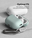 AirPods Pro 2 Case | Silicone - Sage green silicone case on AirPods Pro 2 with a black carabiner and Ringke lanyard.