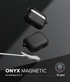 AirPods Pro 3 Case | Onyx Magnetic - Two black textured cases floating above a magnetic wireless charger on a dark background.