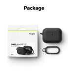 AirPods Pro 3 Case | Onyx Magnetic - Black protective case for AirPods Pro 3 with a matching carabiner and retail packaging.