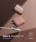 AirPods Pro 3 Case | Onyx Magnetic - Two matte brown AirPods Pro cases floating above a magnetic wireless charger.