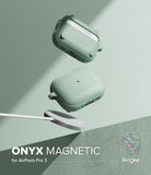 AirPods Pro 3 Case | Onyx Magnetic - Two sage green AirPods Pro cases floating above a magnetic wireless charger.
