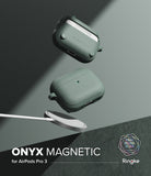 AirPods Pro 3 Case | Onyx Magnetic - Two sage green AirPods Pro 3 cases floating above a magnetic wireless charger.