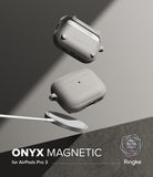 AirPods Pro 3 Case | Onyx Magnetic - Two grey textured AirPods Pro cases floating above a magnetic wireless charger.